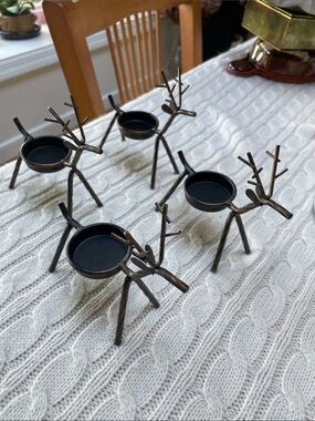 4 metal stick reindeer tea light candle holders. Antlers, bronze finish